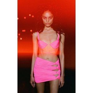 Alex Perry Kort Ruched Low Rise Knot Mini Skirt Fluro Pink